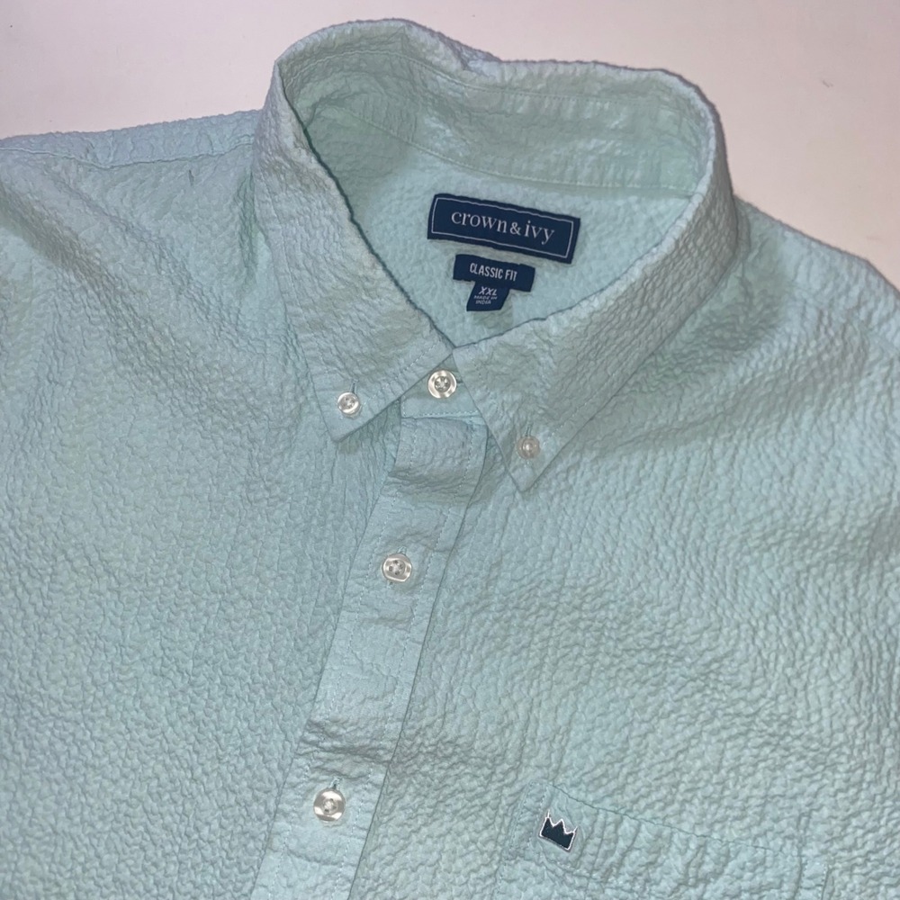 Crown & Ivy Mens XXL Mint Green Seersucker Short Sleeve Button Down Shirt DD235